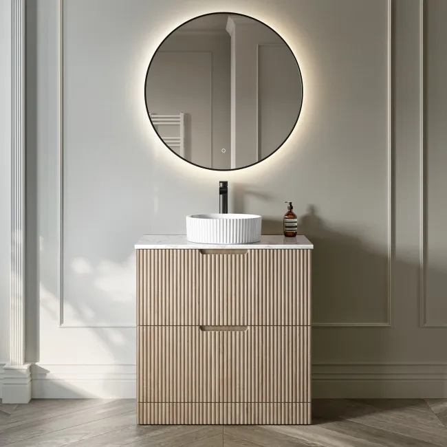 Crete Fluted Apex Oak Vanity Drawer with Marble Top & Nevis Basin 800mm