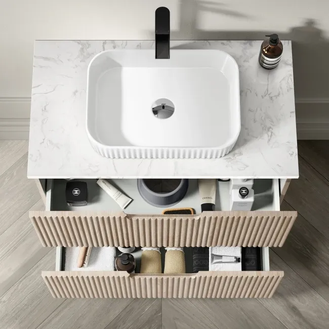 Crete Fluted Apex Oak Vanity Drawer with Marble Top & Reno Basin 800mm
