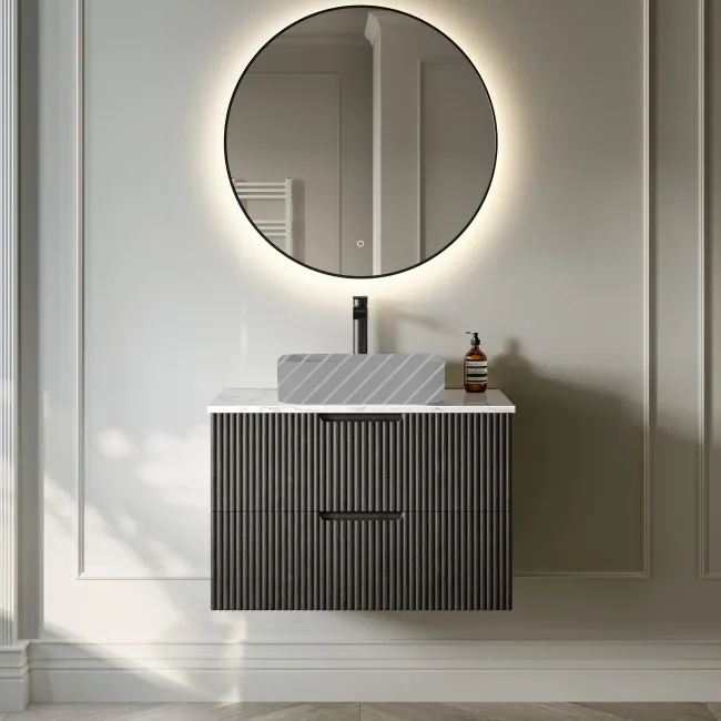 Crete Fluted Charcoal Elm Wall Hung Drawer Vanity with Marble Top 800mm - Excludes Counter Top Basin
