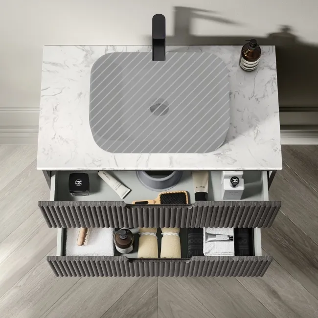 Crete Fluted Charcoal Elm Wall Hung Drawer Vanity with Marble Top 800mm - Excludes Counter Top Basin