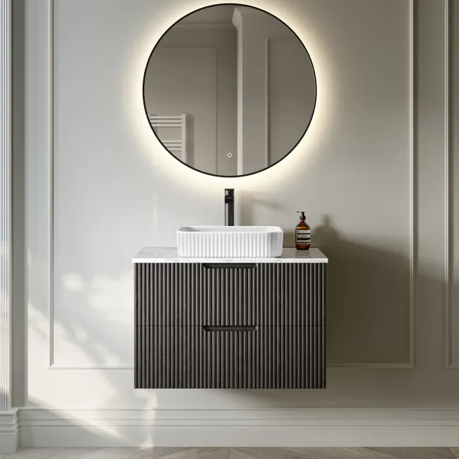 Crete Fluted Charcoal Elm Wall Hung Drawer Vanity with Marble Top & Reno Basin 800mm