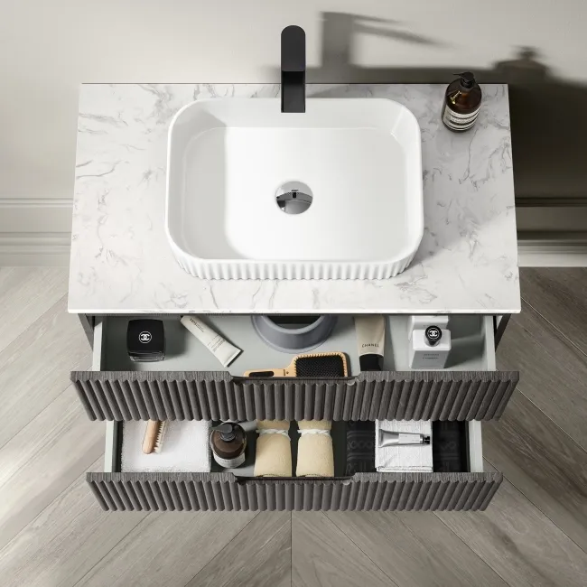 Crete Fluted Charcoal Elm Wall Hung Drawer Vanity with Marble Top & Reno Basin 800mm