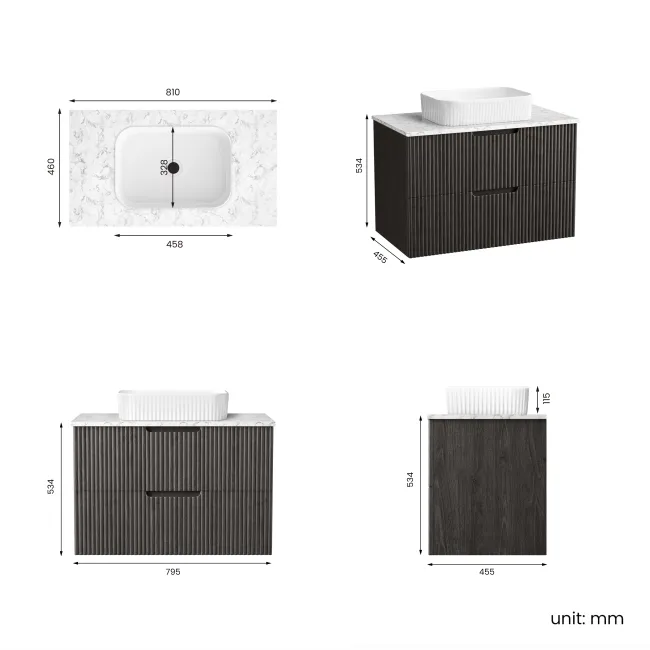 Crete Fluted Charcoal Elm Wall Hung Drawer Vanity with Marble Top & Reno Basin 800mm