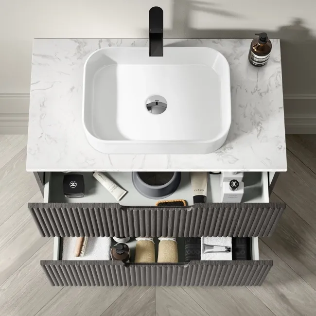 Crete Fluted Charcoal Elm Vanity Drawer with Marble Top & Marin Basin 800mm