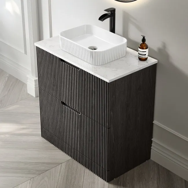 Crete Fluted Charcoal Elm Vanity Drawer with Marble Top & Reno Basin 800mm