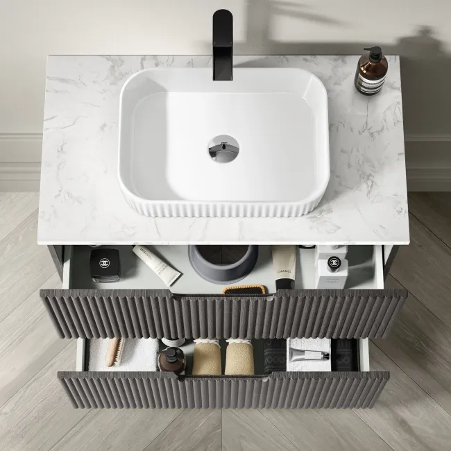 Crete Fluted Charcoal Elm Vanity Drawer with Marble Top & Reno Basin 800mm