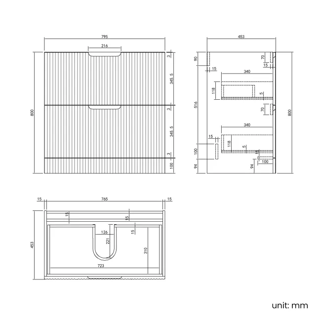 Crete Fluted Charcoal Elm Vanity Drawer with Marble Top & Reno Basin 800mm