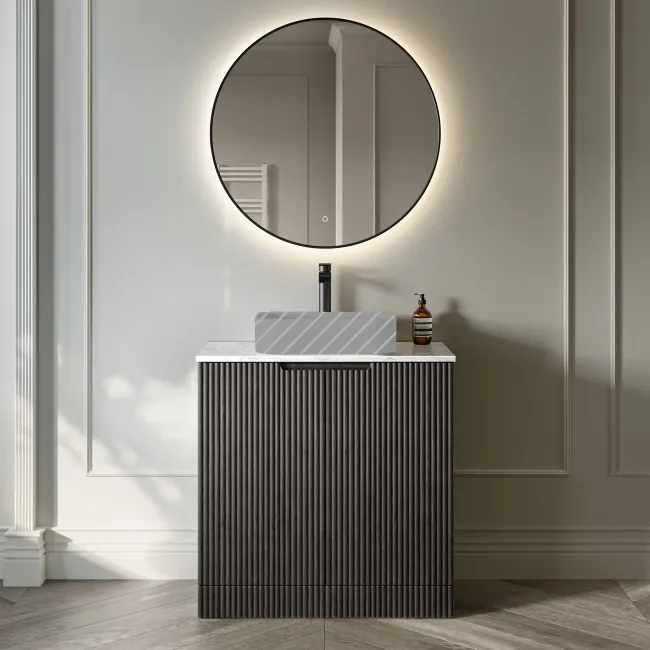Crete Fluted Charcoal Elm Vanity with Marble Top 800mm - Excludes Counter Top Basin