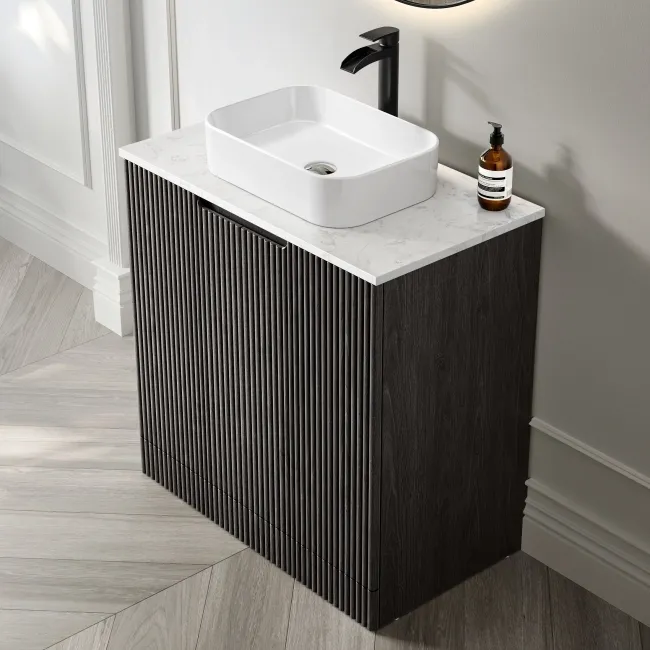 Crete Fluted Charcoal Elm Vanity with Marble Top & Marin Basin 800mm