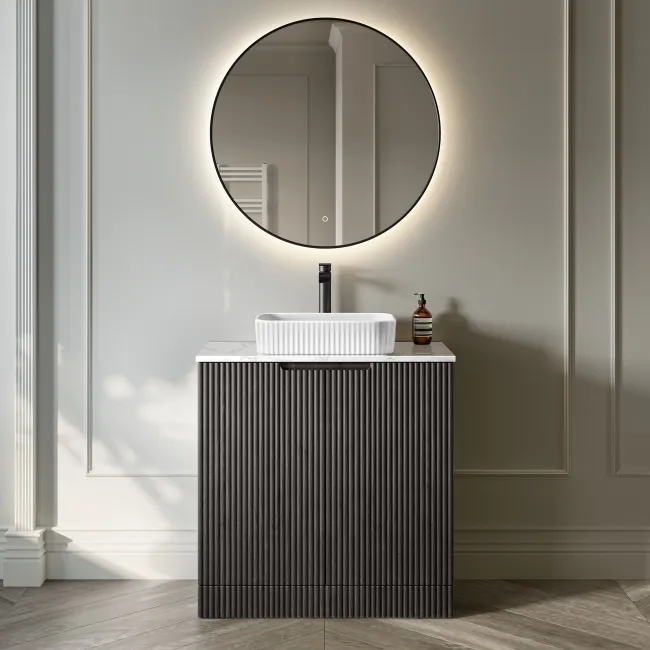 Crete Fluted Charcoal Elm Vanity with Marble Top & Reno Basin 800mm