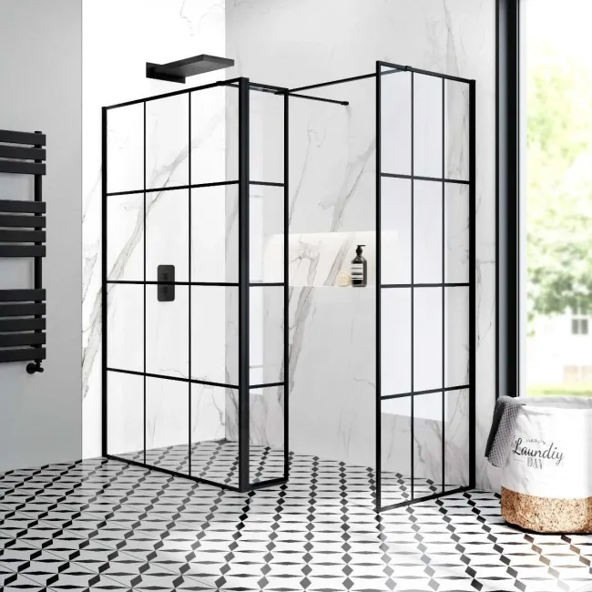 Munich Matt Black Grid 8mm Walk In Shower Enclosure 1200mm & 700mm Glass with Pivotal Return Panel