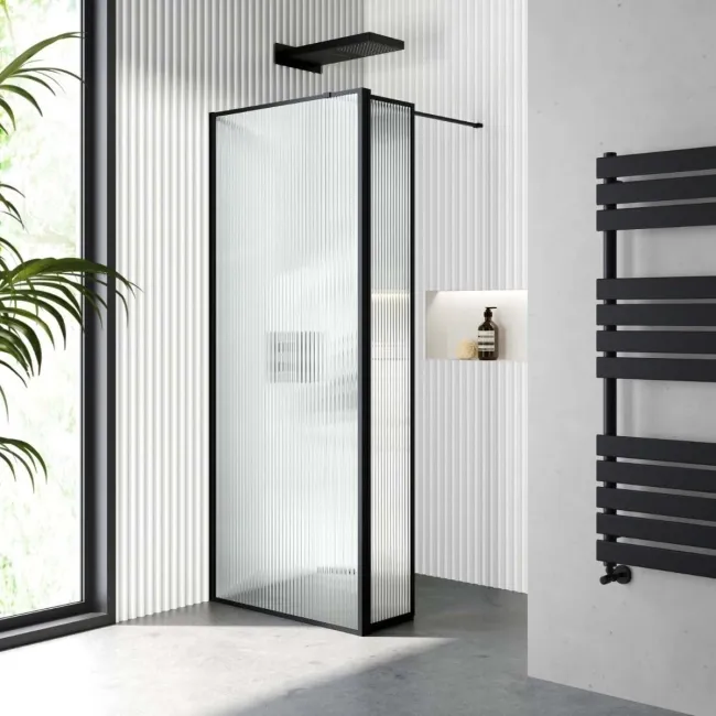 Munich Fluted Effect Matt Black Framed 8mm Wet Room Shower Glass 800mm & 250mm Pivotal Return Panel