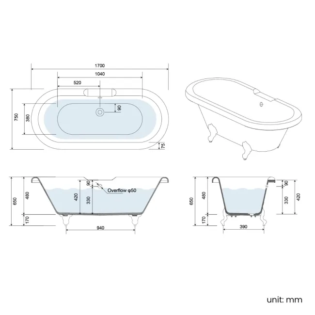 Grosvenor 1700mm Roll Top Bath - Brushed Brass Ball Feet