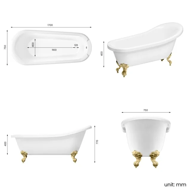 Highbury 1700mm Roll Top Slipper Bath - Brushed Brass Ball Feet