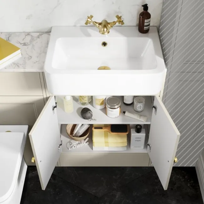 Monaco Chalk White Combination Vanity Basin with Marble Top & Atlanta Toilet 1200mm - Brushed Brass Accents