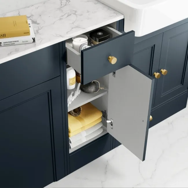 Monaco Inky Blue Combination Vanity Basin with Marble Top and Seattle Toilet 1500mm - Brushed Brass Accents