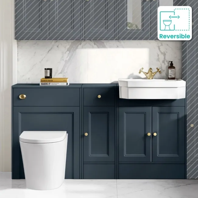 Monaco Inky Blue Combination Vanity Traditional Basin and Boston Toilet 1500mm - Brushed Brass Accents