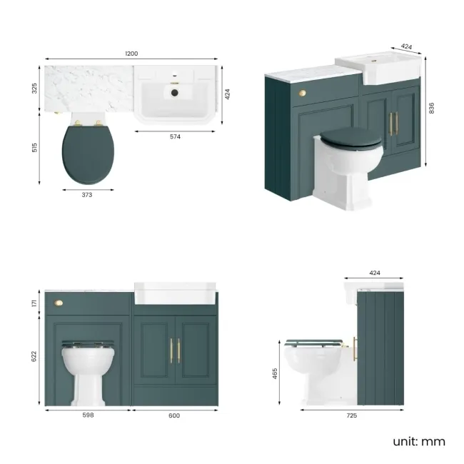 Monaco Midnight Green Combination Vanity Traditional Basin with Marble Top & Hudson Toilet with Wooden Seat 1200mm - Brass Knurled Handles