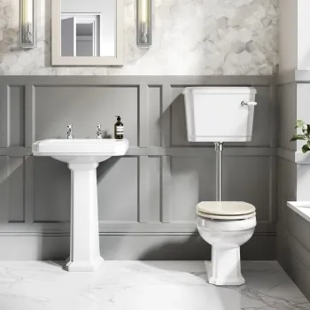 Hudson Traditional Low-Level Toilet With Chalk White Seat & Pedestal Basin - Double Tap Hole