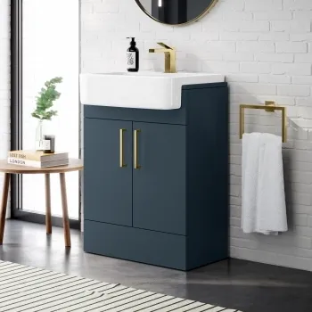 Harper Navy Blue Vanity with Semi Recessed Basin 600mm - Brushed Brass Accents