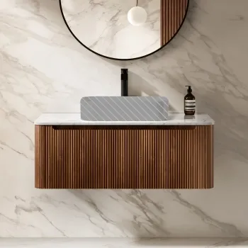 Sorrento Fluted Black Walnut Wall Hung Drawer Vanity with Marble Top 1000mm - Excludes Counter Top Basin