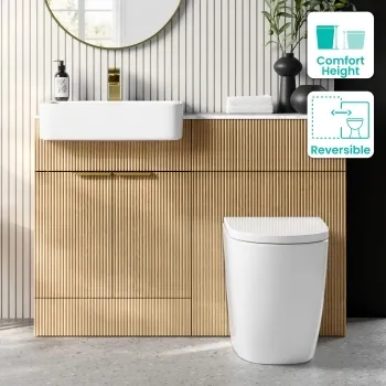 Sicily Fluted Country Oak Combination Vanity Basin with Marble Top & Utah Comfort Height Toilet 1200mm - Brushed Brass Accents