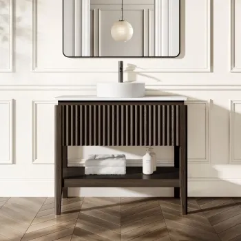 Maru Black Oak Wood Grain Vanity Cabinet 1000mm with Matt White Stone Top - Basin Not Included