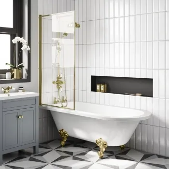 Abingdon 1700 Roll Top Shower Bath - Brushed Brass Ball Feet & 6mm Easy Clean Brushed Brass Bath Screen