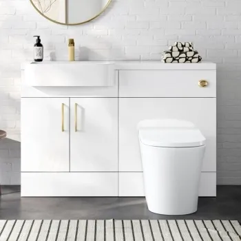 Harper Gloss White Combination Vanity Basin and Tucson Toilet 1200mm - Brushed Brass Accents - Left Handed