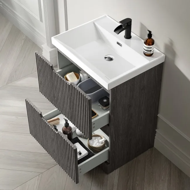 Crete Fluted Charcoal Elm Basin Vanity Drawer 600mm