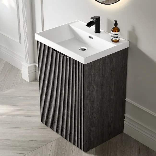 Crete Fluted Charcoal Elm Basin Vanity 600mm