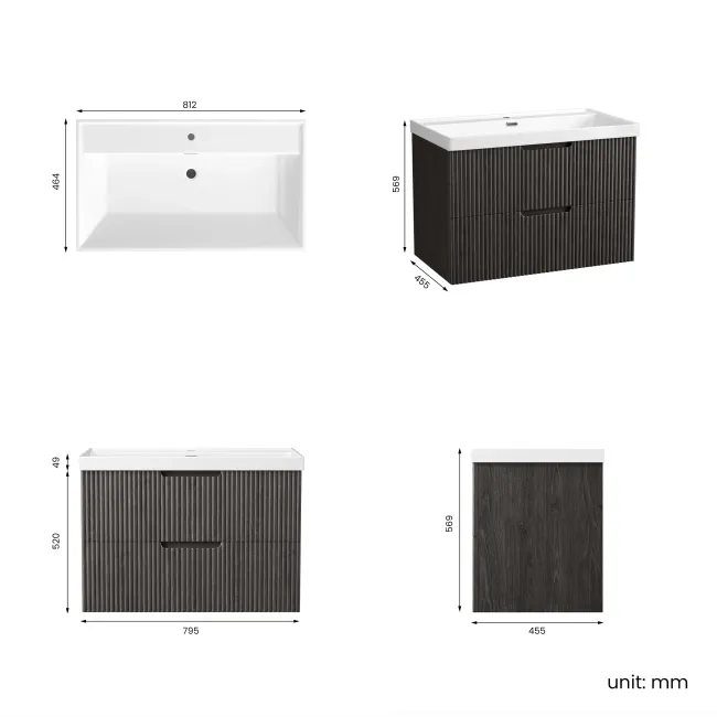 Crete Fluted Charcoal Elm Wall Hung Basin Drawer Vanity 800mm