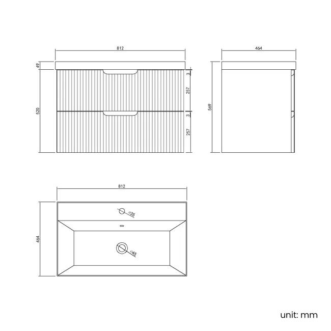 Crete Fluted Charcoal Elm Wall Hung Basin Drawer Vanity 800mm