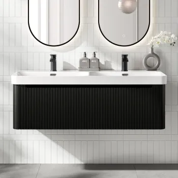 Sorrento Fluted Matt Black Wall Hung Double Basin Drawer Vanity 1200mm