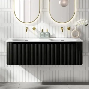 Sorrento Fluted Matt Black Wall Hung Drawer Vanity with Matt White Double Basin 1200mm