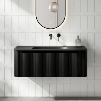 Sorrento Fluted Matt Black Wall Hung Drawer Vanity with Black Basin 1000mm