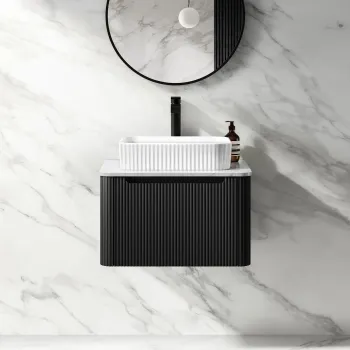 Sorrento Fluted Matt Black Wall Hung Drawer Vanity with Marble Top & Reno Basin 600mm