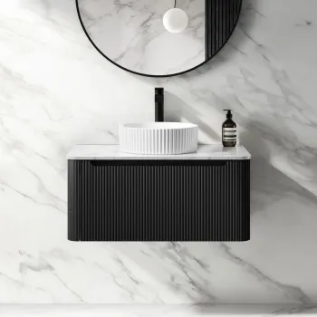 Sorrento Fluted Matt Black Wall Hung Drawer Vanity with Marble Top & Nevis Basin 800mm