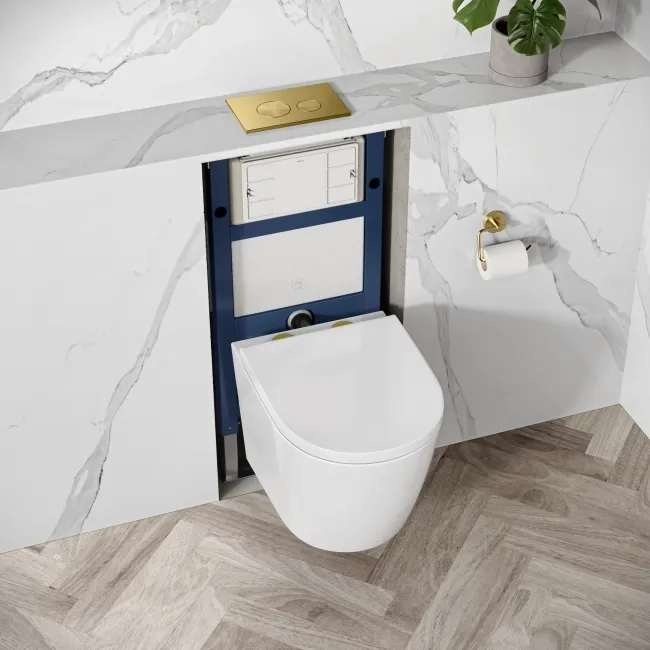 Idaho Pneumatic Top & Front Compact Wall Hung Toilet Frame and Concealed Cistern with Brushed Brass Flush Plate - Round Buttons