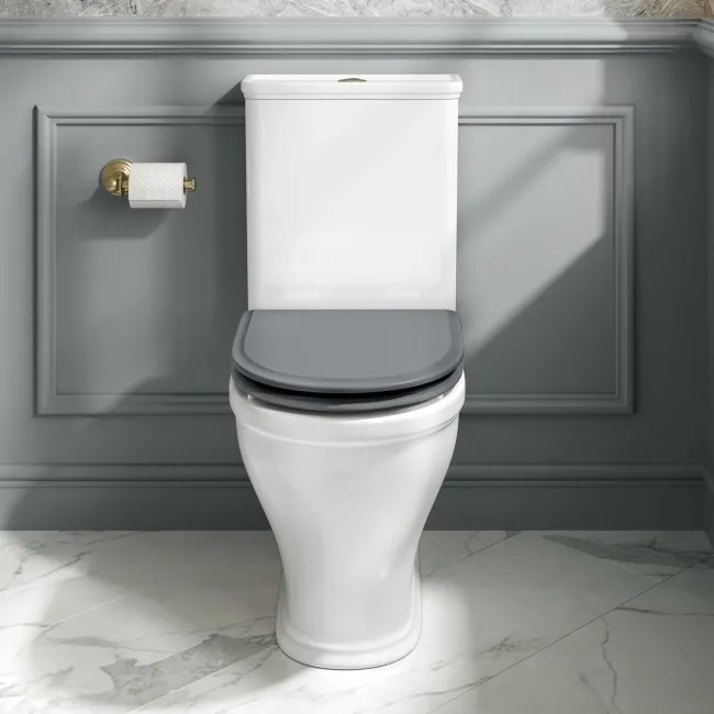 Kansas Traditional Rimless Close Coupled Toilet With Dove Grey Wooden Seat - Brushed Brass Hinges