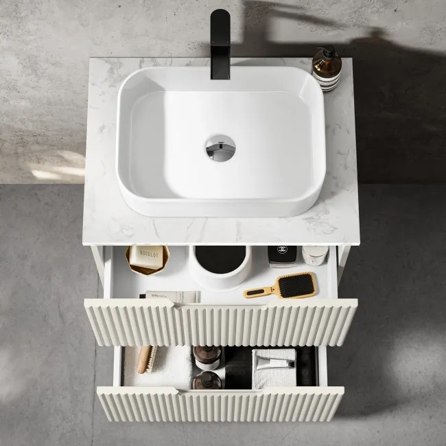 Crete Fluted Linen White Vanity Drawer with Marble Top & Marin Basin 600mm
