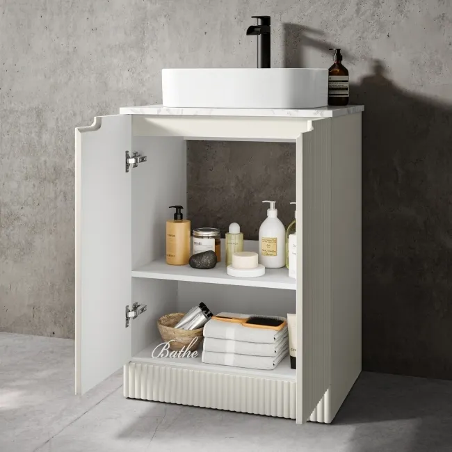 Crete Fluted Linen White Vanity with Marble Top & Marin Basin 600mm