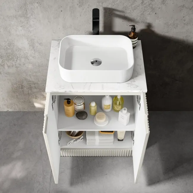 Crete Fluted Linen White Vanity with Marble Top & Marin Basin 600mm