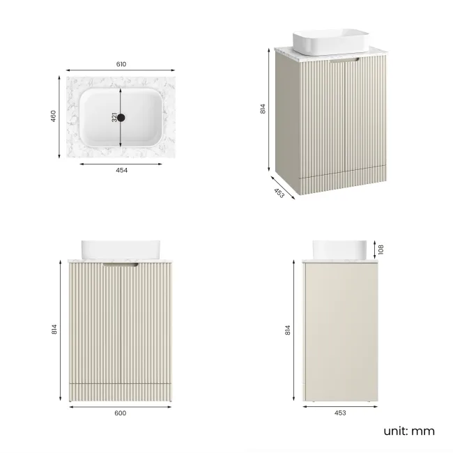 Crete Fluted Linen White Vanity with Marble Top & Marin Basin 600mm