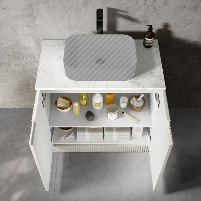 Crete Fluted Linen White Vanity with Marble Top 800mm - Excludes Counter Top Basin