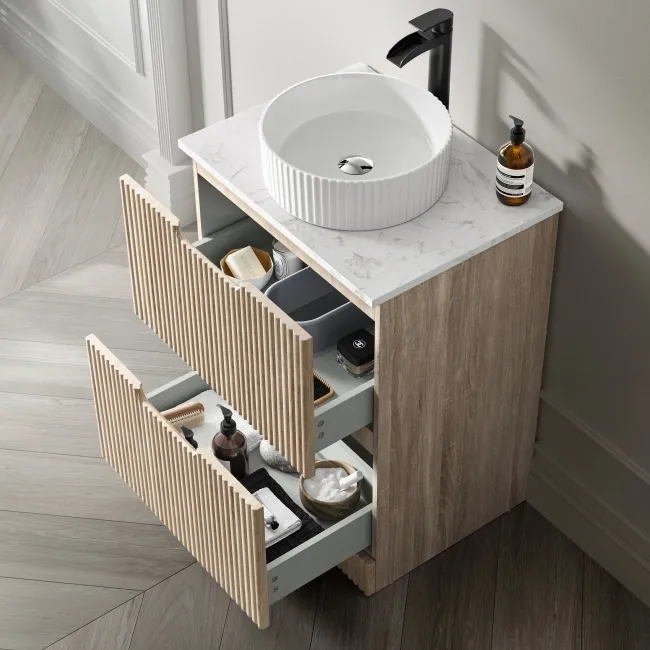 Crete Fluted Apex Oak Vanity Drawer with Marble Top & Nevis Basin 600mm