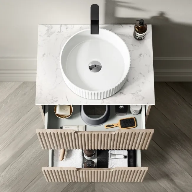 Crete Fluted Apex Oak Vanity Drawer with Marble Top & Nevis Basin 600mm
