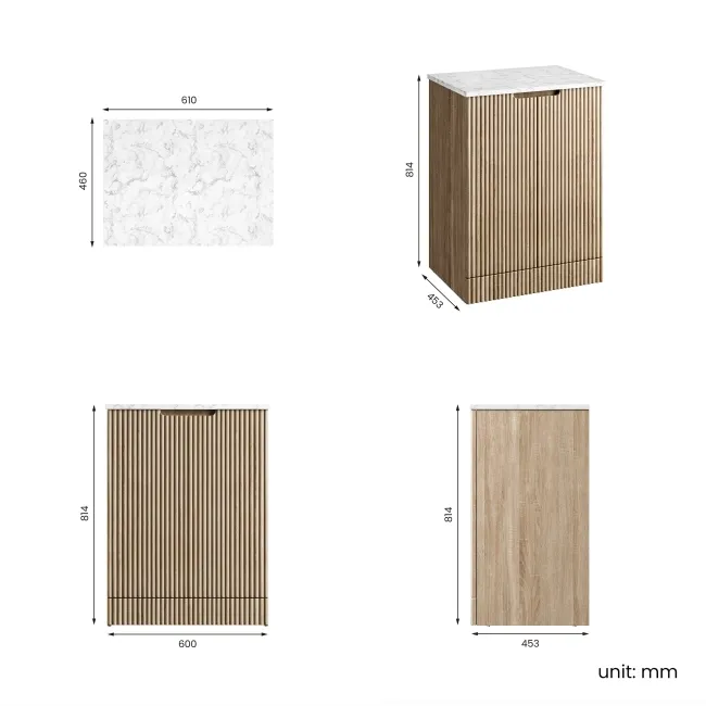 Crete Fluted Apex Oak Vanity with Marble Top 600mm - Excludes Counter Top Basin