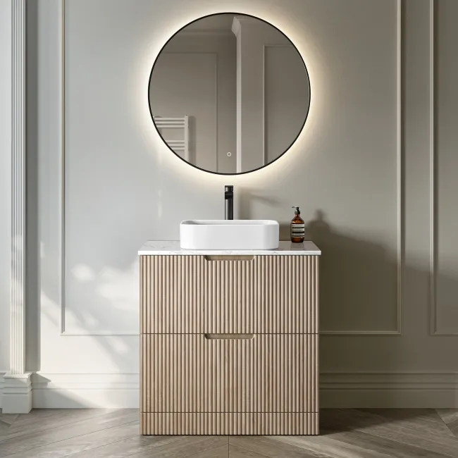 Crete Fluted Apex Oak Vanity Drawer with Marble Top & Marin Basin 800mm