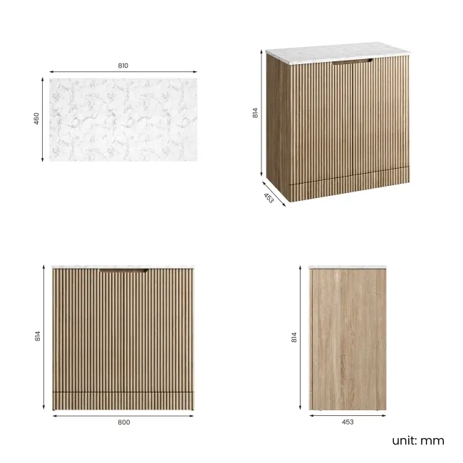 Crete Fluted Apex Oak Vanity with Marble Top 800mm - Excludes Counter Top Basin